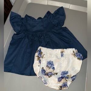 Boutique- Navy Blue Ruffled Top and Floral Bloomers Set